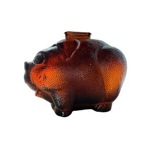 Vintage Amber Glass Piggy Bank Textured Retro 70s Pig Coin Bank Functional
